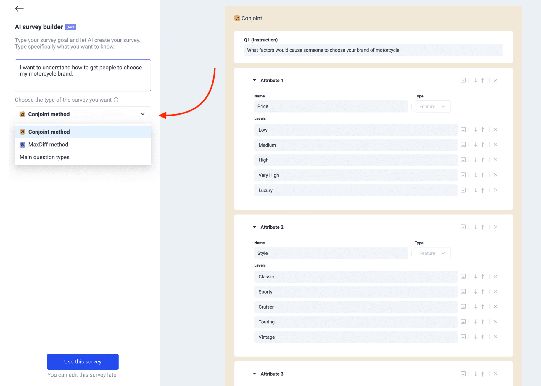 Pollfish's AI Builder: Conjoint Method Survey for Motorcycle Brand