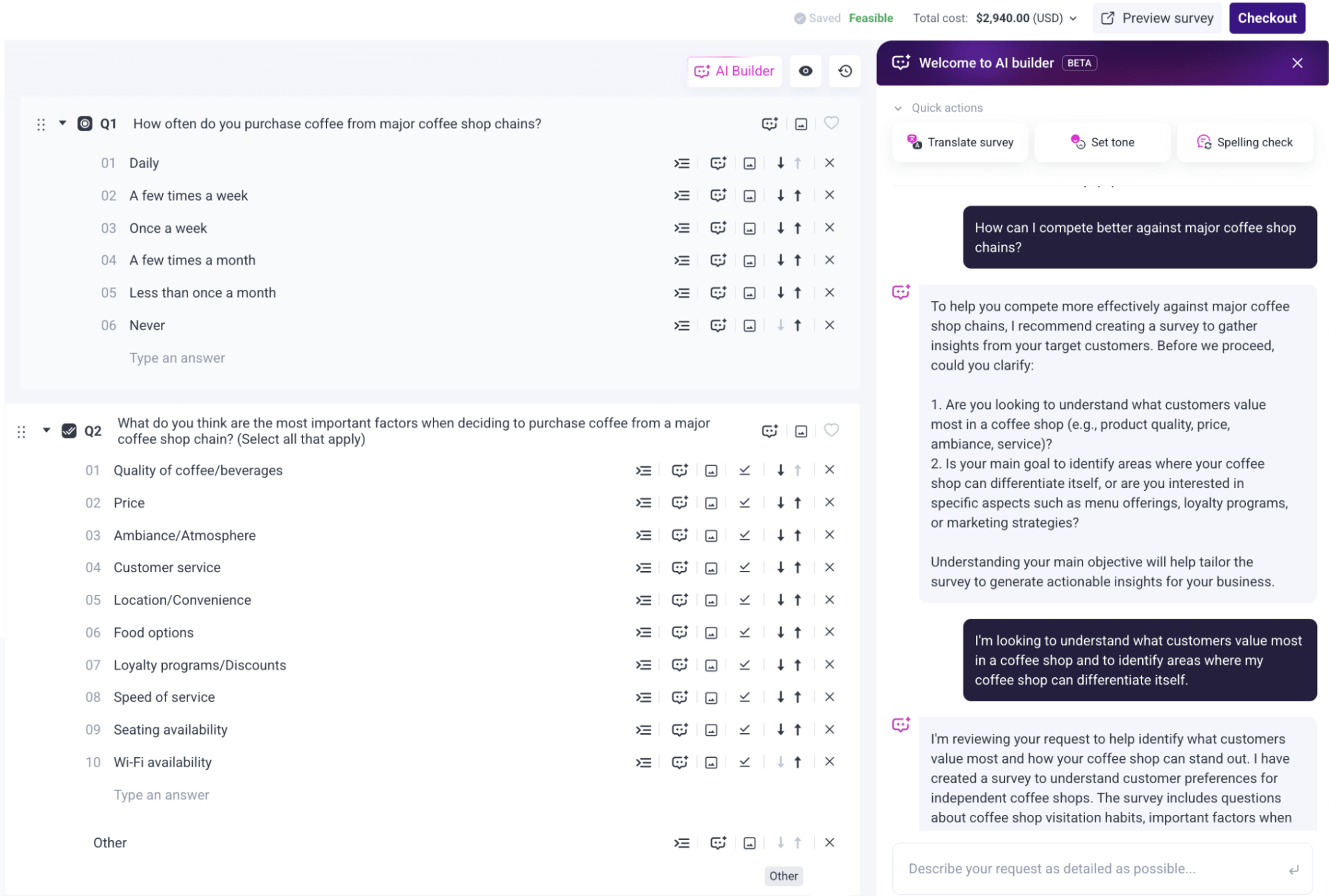 Pollfish's AI Builder: Major Coffee Shop Chain example