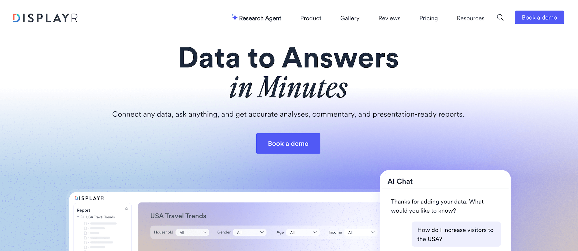 Displayr homepage: Data to Answers in Minutes