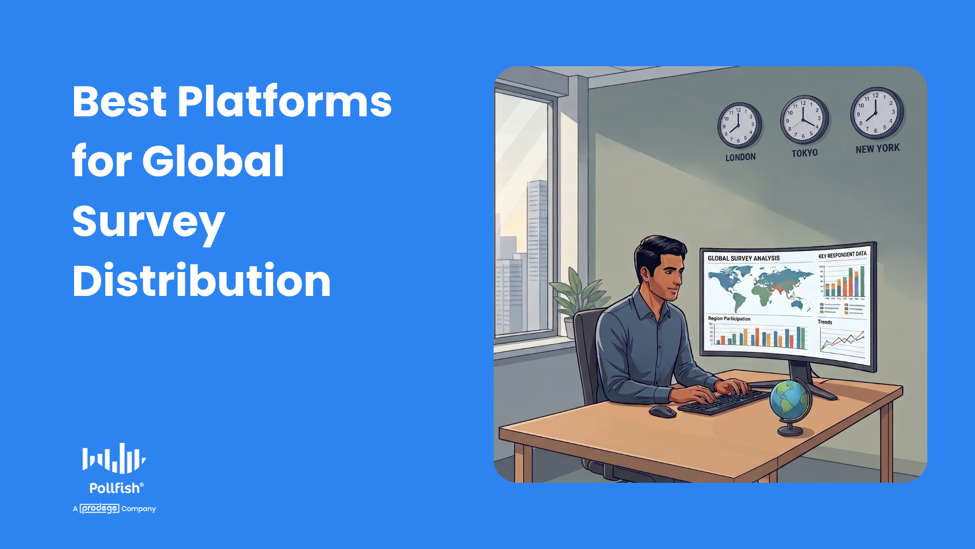 Best Platforms for Global Survey Distribution with image of man at desk with computer and globe